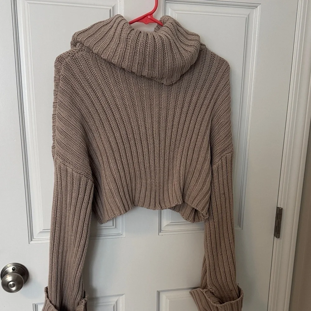Cotton Candy Taupe Cropped Cowl Neck Sweater